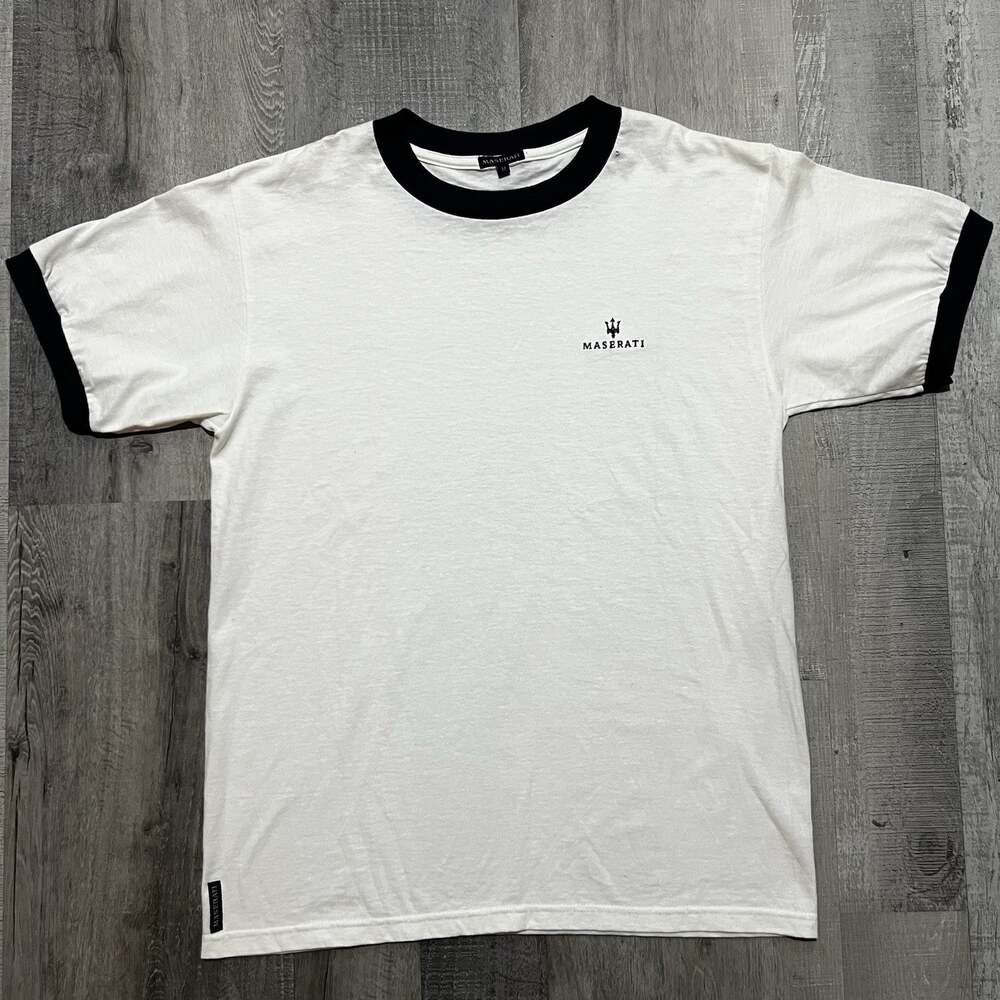 Vintage Maserati Ringer T Shirt White/Blue Embroidered Luxury Car T Shirt 90s M